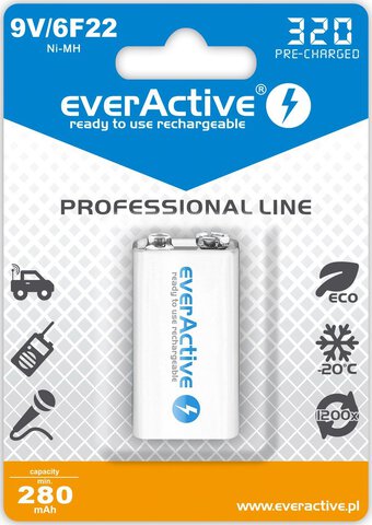Akumulator everActive 6F22/9V Professional line 320mAh ready to use Ni-MH