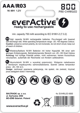 Akumulatorek everActive R03 AAA Ni-MH 800 mAh ready to use