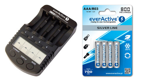 Ładowarka everActive NC-1000 PLUS + akumulatory R03/AAA everActive 800mAh