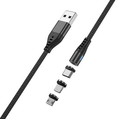 Maxlife kabel magnetyczny MXUC-02 USB - Lightning + USB-C + microUSB 1,0 m 2A czarny nylonowy