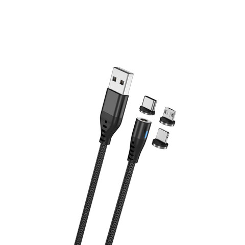 Maxlife kabel magnetyczny MXUC-02 USB - Lightning + USB-C + microUSB 1,0 m 2A czarny nylonowy