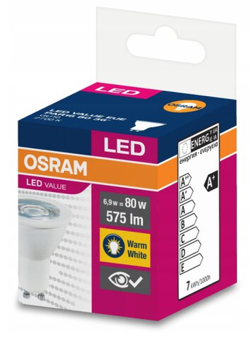 Żarówka LED OSRAM GU10 6.9W LED VALUE Biała Ciepła 2700k (kąt świecenia 36 stopni)