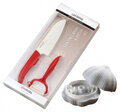 Zestaw nóż Santoku 14 cm z obieraczką (czerwony) + siekacz do czosnku