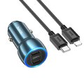 HOCO adowarka samochodowa 2 x Typ C + kabel Typ C do Lightning PD QC3.0 3A 40W Z48 niebieska