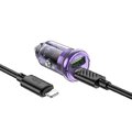 HOCO adowarka samochodowa USB A + Typ C + kabel Typ C do Lightning PD QC3.0 3A 30W Z53A fioletowa