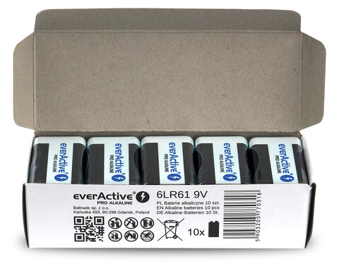 10 x baterie alkaliczne everActive Pro 6LR61 / 6LF22 9V (kartonik/folia)