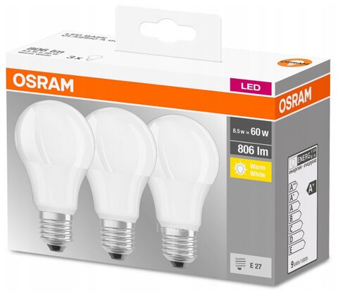 Zestaw żarówek LED OSRAM E27 8,5W ciepła 2700K (3 sztuki)