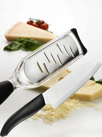Zestaw czarny nóż kuchenny Santoku 14 cm + czarna tarka do sera