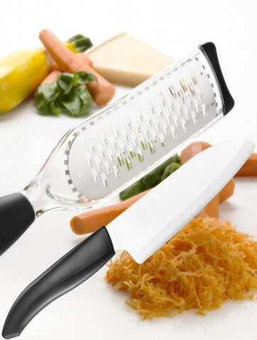 Zestaw czarny nóż kuchenny Santoku 14 cm + czarna tarka do warzyw