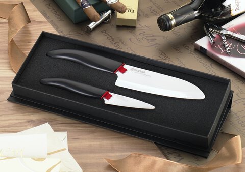 Nóż ceramiczny Santoku 14 cm + nóż do obierania 7,5 cm (białe ostrza)