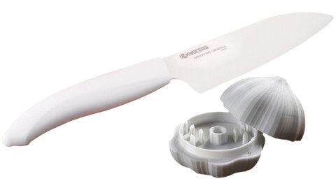 Zestaw biały nóż kuchenny Santoku 14 cm + siekacz do czosnku