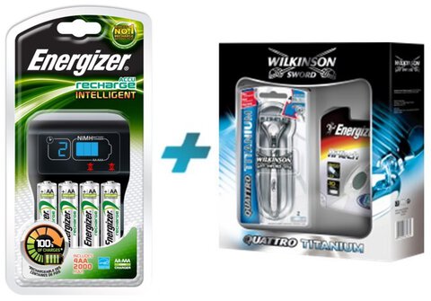 Zestaw ładowarka Energizer + akumulatorki + Wilkinson Quattro + latarka Energizer Keyring