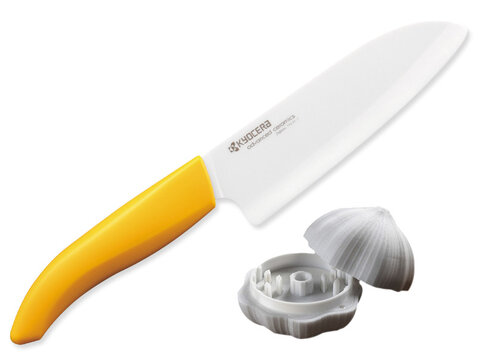 Zestaw żółty nóż kuchenny Santoku 14 cm + siekacz do czosnku