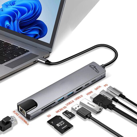 Adapter 8w1 Media-Tech MT5046 Hub USB-C to USB 3.0 + USB 2.0 + HDMI + USB-C + USB-C PD + microSD, SD + RJ45