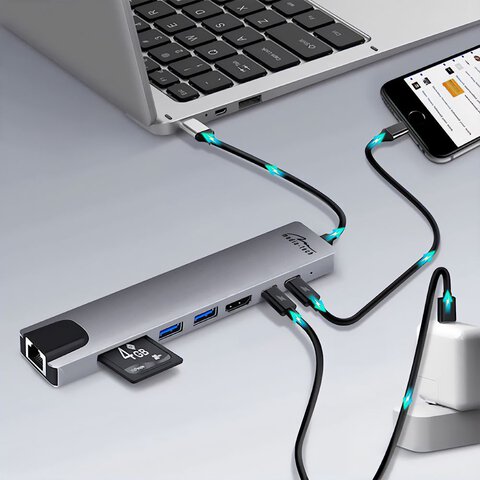 Adapter 8w1 Media-Tech MT5046 Hub USB-C to USB 3.0 + USB 2.0 + HDMI + USB-C + USB-C PD + microSD, SD + RJ45