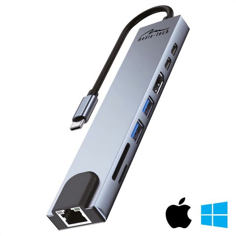 Adapter 8w1 Media-Tech MT5046 Hub USB-C to USB 3.0 + USB 2.0 + HDMI + USB-C + USB-C PD + microSD, SD + RJ45