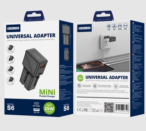 Adapter podróżny JELLICO 25W PD QC3.0 S6 mini PD 25W 1xUSB-C + 1xUSB QC3.0 Czarny