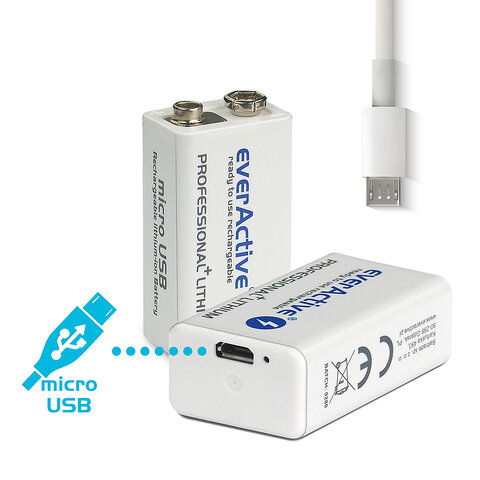 Akumulatorek 6F22/9V everActive Li-ion 550 mAh Professional +Lithium + micro USB