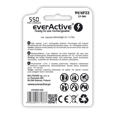 Akumulatorek 6F22/9V everActive Li-ion 550 mAh Professional +Lithium + micro USB