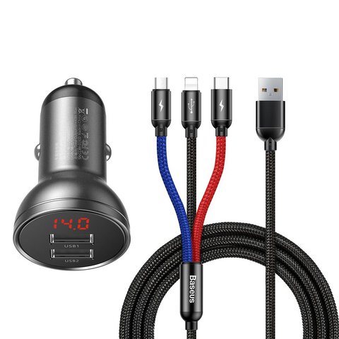 BASEUS adowarka samochodowa 2 x USB A z wywietlaczem + kabel 3w1 Micro USB / Lightning / Typ C 4,8A 24W TZCCBX-0G czarna