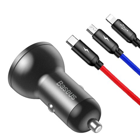 BASEUS adowarka samochodowa 2 x USB A z wywietlaczem + kabel 3w1 Micro USB / Lightning / Typ C 4,8A 24W TZCCBX-0G czarna