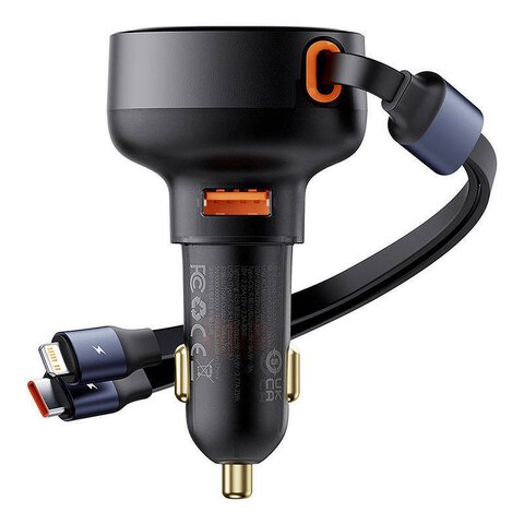 BASEUS adowarka samochodowa USB A + kabel zwijany 2w1 Typ C / Lightning PD3.0 QC4.0 3A 60W CCTXP-UCL czarna