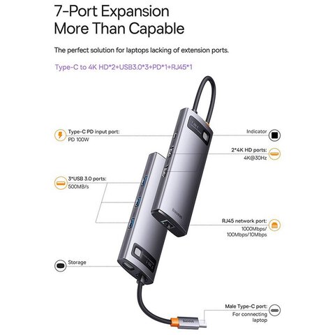 BASEUS HUB adapter przejściówka 7w1 Typ C na 3x USB3.0 / PD / 2x HDMI / RJ45 szary WKWG040113/BS-OH044