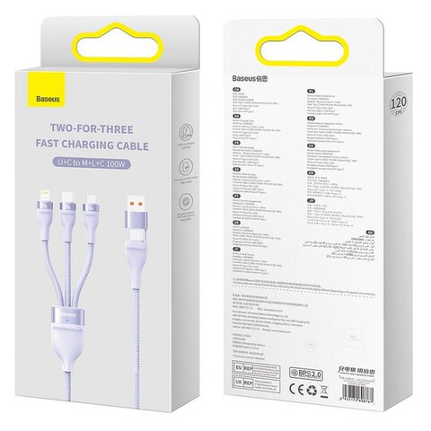 BASEUS kabel 3w1 USB A / Typ C do Micro USB / Lightning / Typ C PD QC 5A100W CASS030105 1,2 m fioletowy