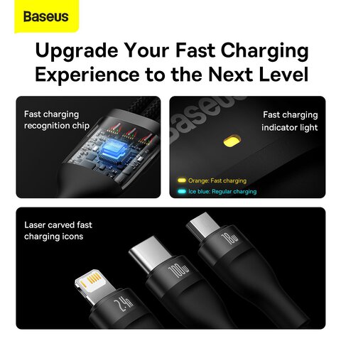 BASEUS Kabel USB 3w1 Flash Series USB-C micro USB Lightning 100W CASS030001 1.2m czarny