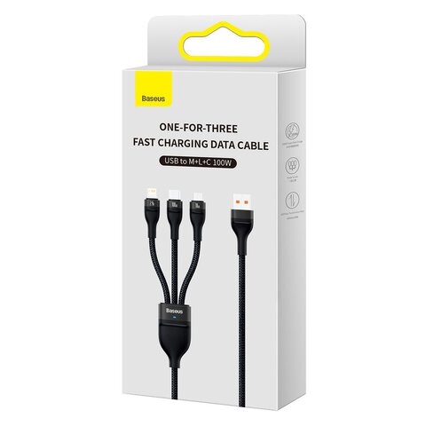 BASEUS Kabel USB 3w1 Flash Series USB-C micro USB Lightning 100W CASS030001 1.2m czarny