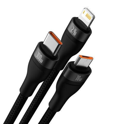 BASEUS Kabel USB 3w1 Flash Series USB-C micro USB Lightning 100W CASS030001 1.2m czarny