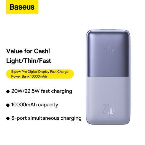 BASEUS powerbank 10 000 mAh + kabel USB A do Typ C PD QC3.0 3A 20W PPBD040105 fioletowy