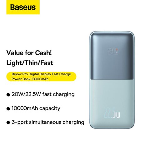 BASEUS powerbank 10 000 mAh + kabel USB A do Typ C PD QC3.0 3A 22,5W PPBD040003 niebieski
