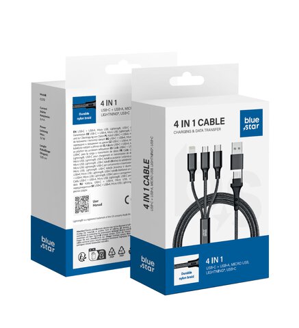 BLUE STAR kabel 4w1 Typ C / USB A do Micro USB / Lightning / Typ C 2,4A 12W Cafule C172 1,2 m czarny
