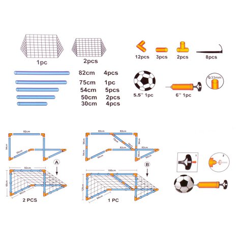 Bramki piłkarskie dla dzieci 2w1 (2szt-92x65x40cm/1szt-180x120x60) + piłka + pompka