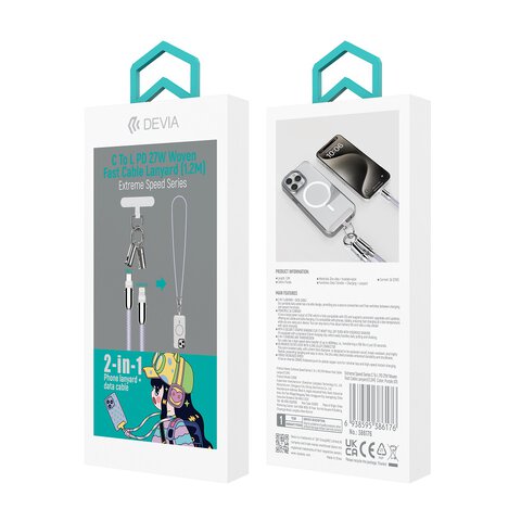 Devia kabel uniwersalna smycz 2w1 PD USB-C - Lightning 1,2 m 27W lawendowy