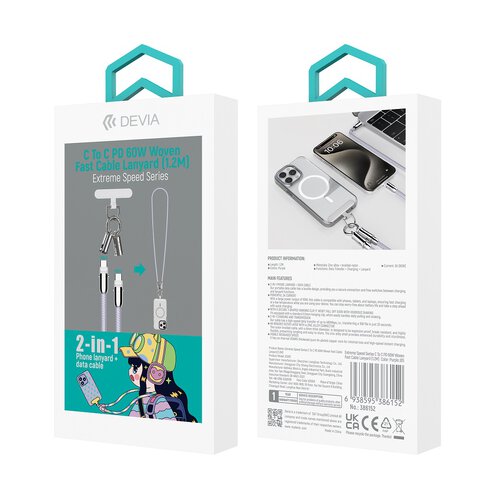 Devia kabel uniwersalna smycz 2w1 PD USB-C - USB-C 1,2 m 60W lawendowy