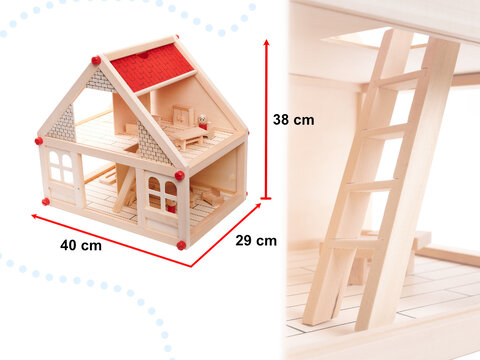 Drewniany domek dwupiętrowy z mebelkami i ludzikami 40 cm