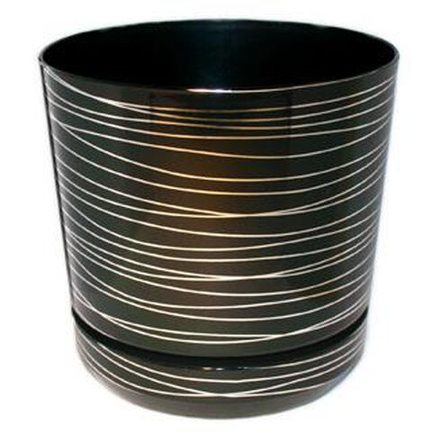Doniczka plastikowa z podstawką Dekor czarna w srebrne paski 14 cm