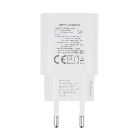 Forcell adowarka Sieciowa - 3A 30W z dwoma portami: USB typ C i USB A z adowaniem PD i QC 4.0