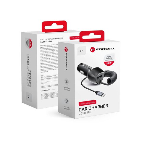 FORCELL CARBON ładowarka samochodowa USB QC 3.0 18W + kabel do Typ C 3.0 PD20W CC50-1AC czarny (Total 38W)