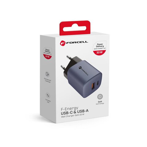 Forcell F-Energy adowarka Sieciowa GaN - 33W z portami: USB C i USB A z adowaniem PD i QC 4.0