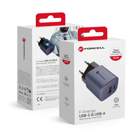 Forcell F-Energy adowarka Sieciowa GaN - 33W z portami: USB C i USB A z adowaniem PD i QC 4.0