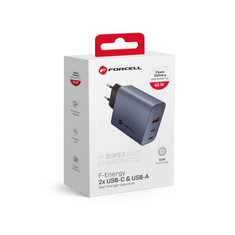 Forcell F-Energy adowarka Sieciowa GaN - 65W z portami: 2x USB C i USB A z adowaniem PD i QC 4.0