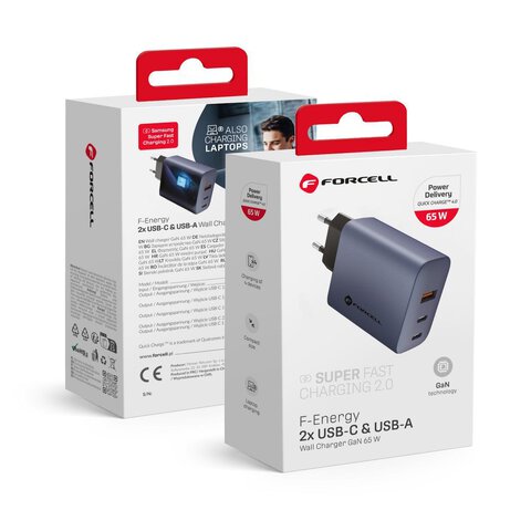 Forcell F-Energy adowarka Sieciowa GaN - 65W z portami: 2x USB C i USB A z adowaniem PD i QC 4.0