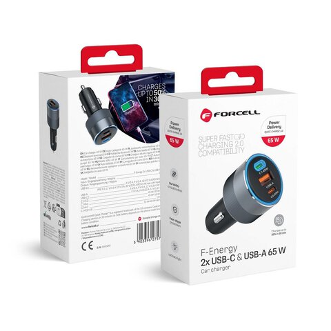 FORCELL F-ENERGY Alu adowarka samochodowa 2 x Typ C + USB A PD QC4.0 SFC2.0 4,5A 65W szara