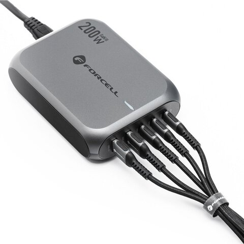 FORCELL F-ENERGY GaN III VT-51 ładowarka biurkowa 3 x Typ C + 2 x USB A PD QC4.0 SFC2.0 5A 200W szara