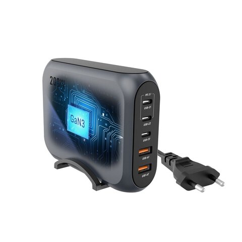 FORCELL F-ENERGY GaN III VT-51 ładowarka biurkowa 3 x Typ C + 2 x USB A PD QC4.0 SFC2.0 5A 200W szara
