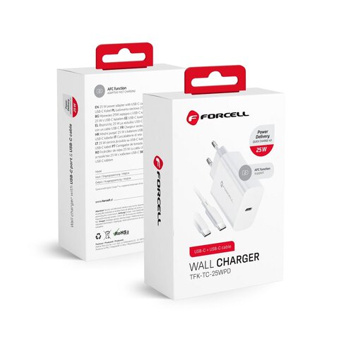 Forcell Ładowarka Sieciowa ze złączem USB typ C i kablem typ C - 3A 25W z funkcją ładowania PD i QC 4.0
