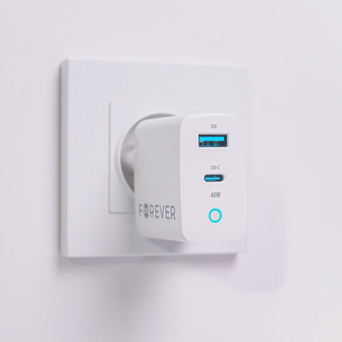 Forever ładowarka sieciowa GaN PD QC TC-06-45AC 1x USB-C 1x USB 45W biała
